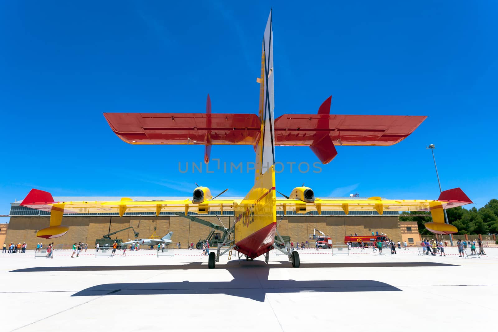 ALBACETE, SPAIN-JUN 23: Seaplane Canadair CL-215 taking part in a static exhibition on the open day of the airbase of Los Llanos on Jun 23, 2013, in Albacete, Spain