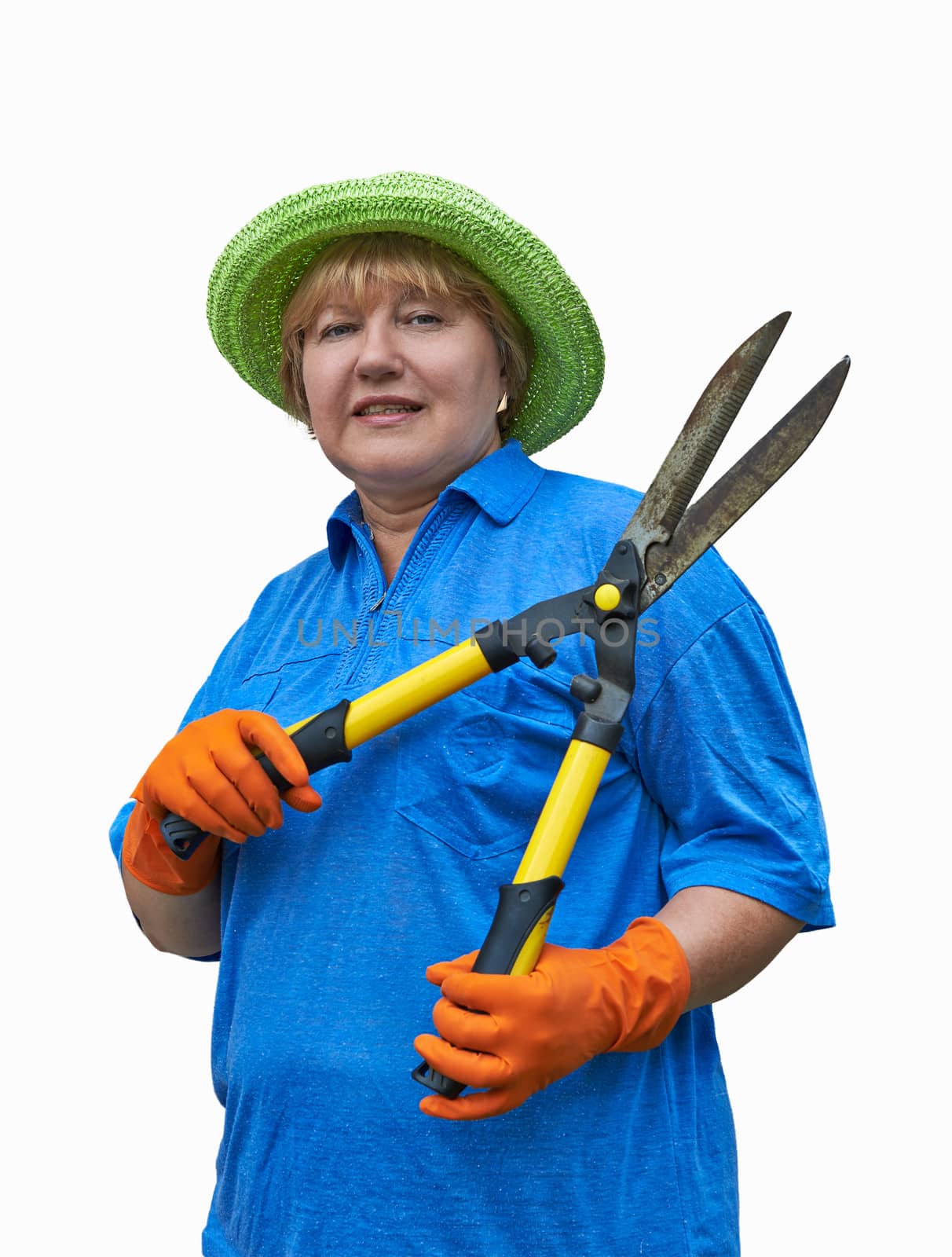 A smiling senior woman holding in hands garden shears. Image is isolated on white.