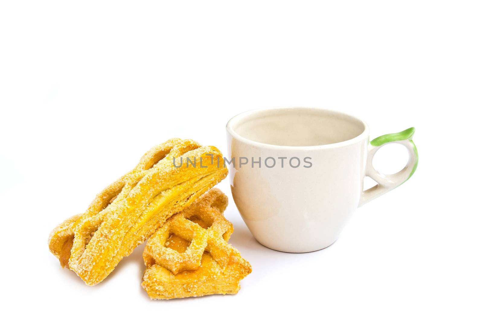 Coffee with assorted flavour pie on white background