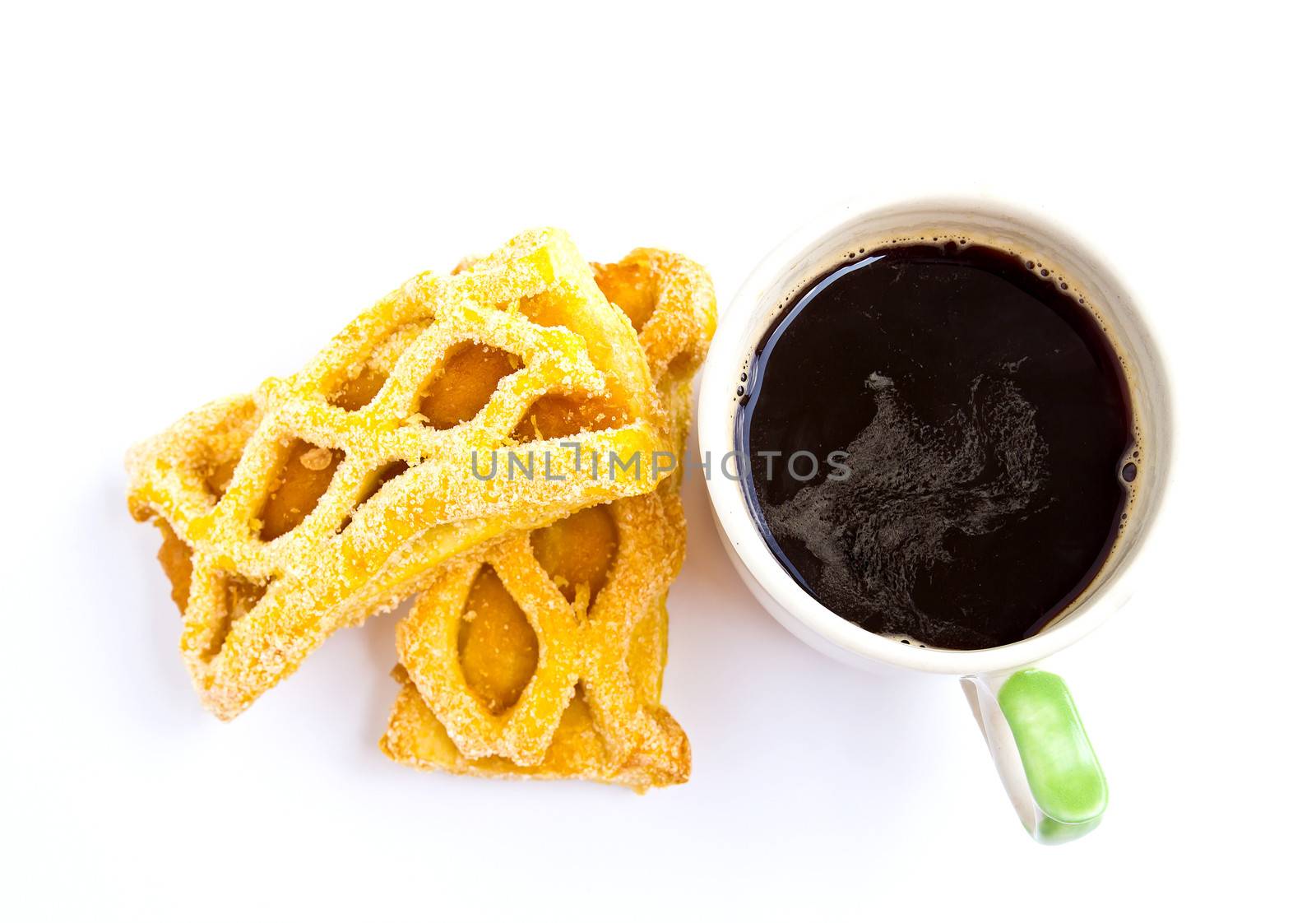 Coffee with assorted flavour pie isolated on white background