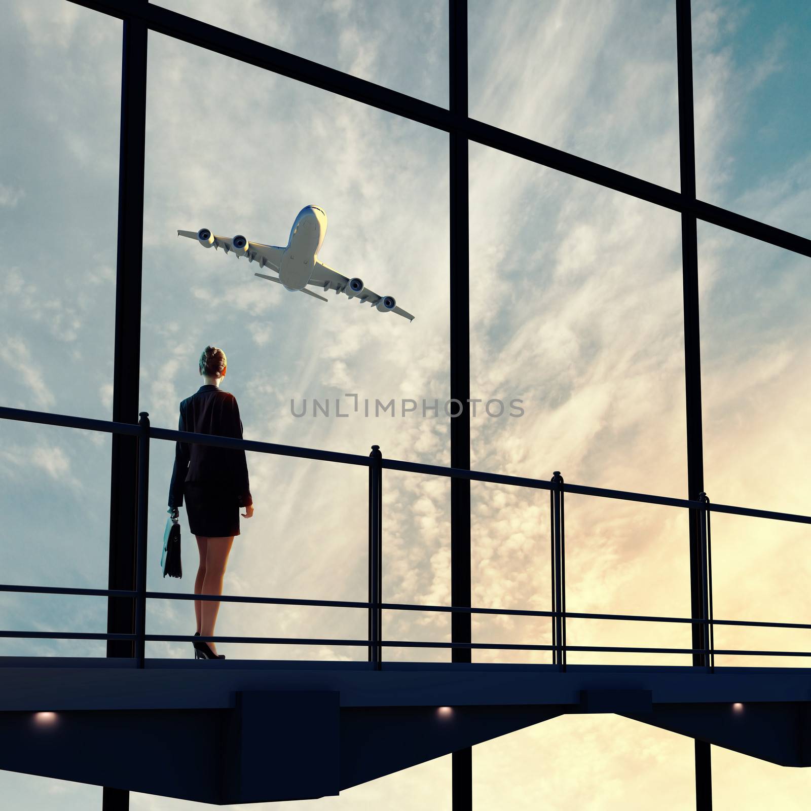 Image of businesswoman at airport looking at airplane taking off