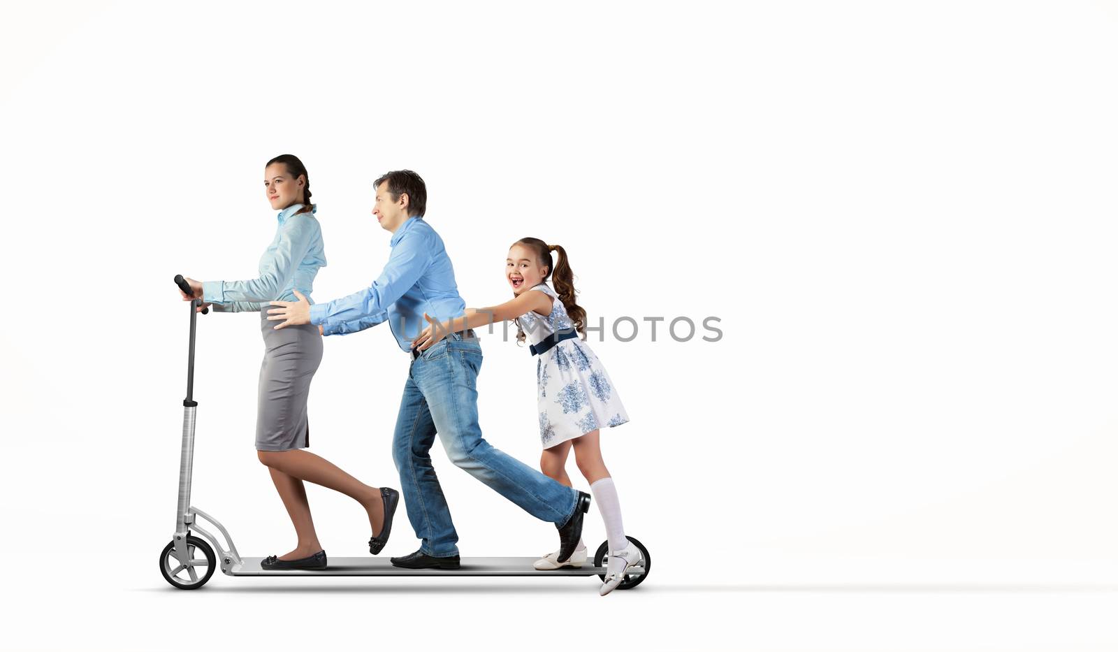 Image of happy young family riding scooter