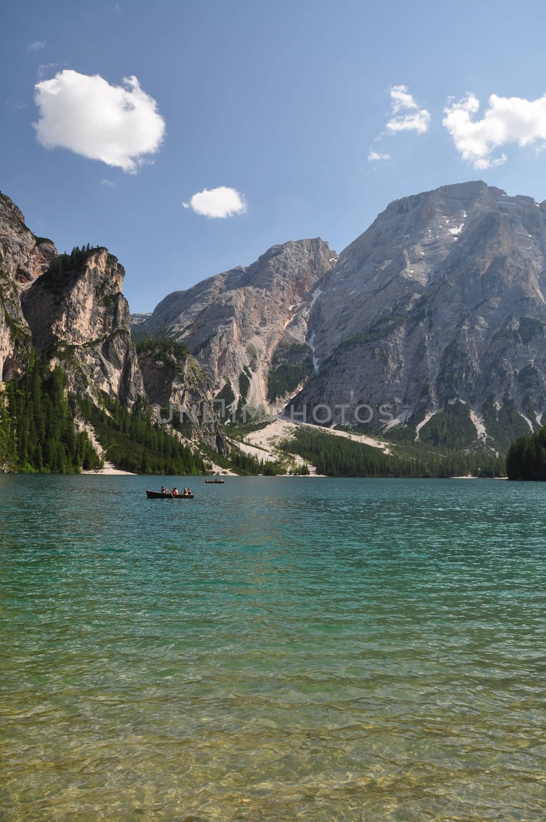 View of lake of braies in italian dolomites