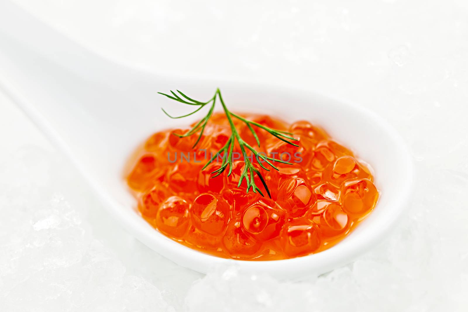 Closeup of caviar with dill garnish in white spoon on ice