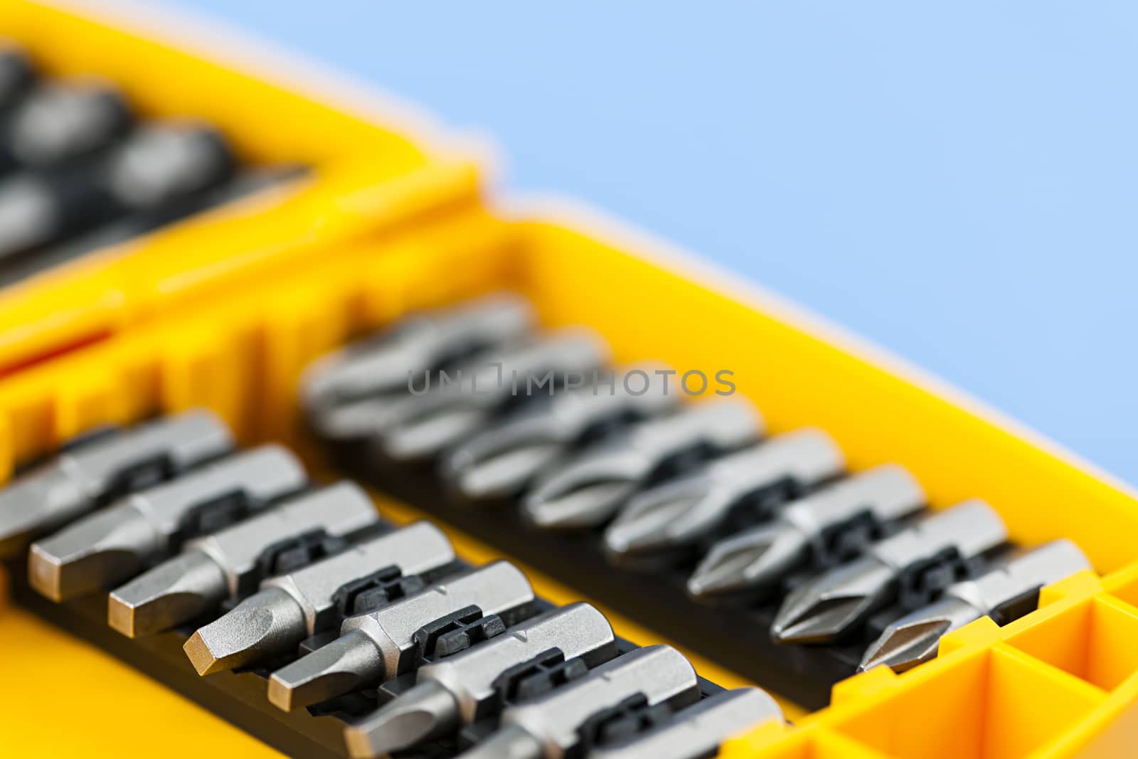 Closeup on phillips and robertson screwdriver insert bits of various sizes