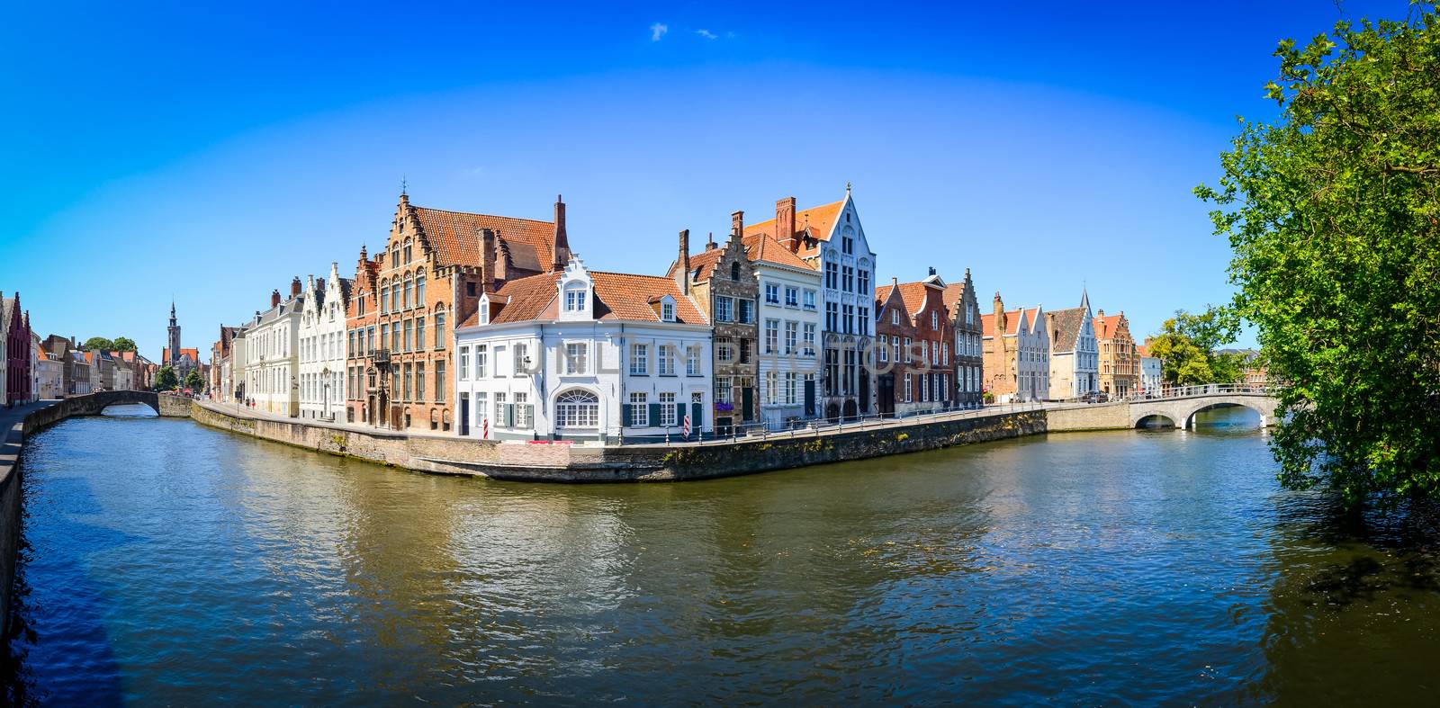 Panorama view of river canal and colorful houses in Bruges, Belgium