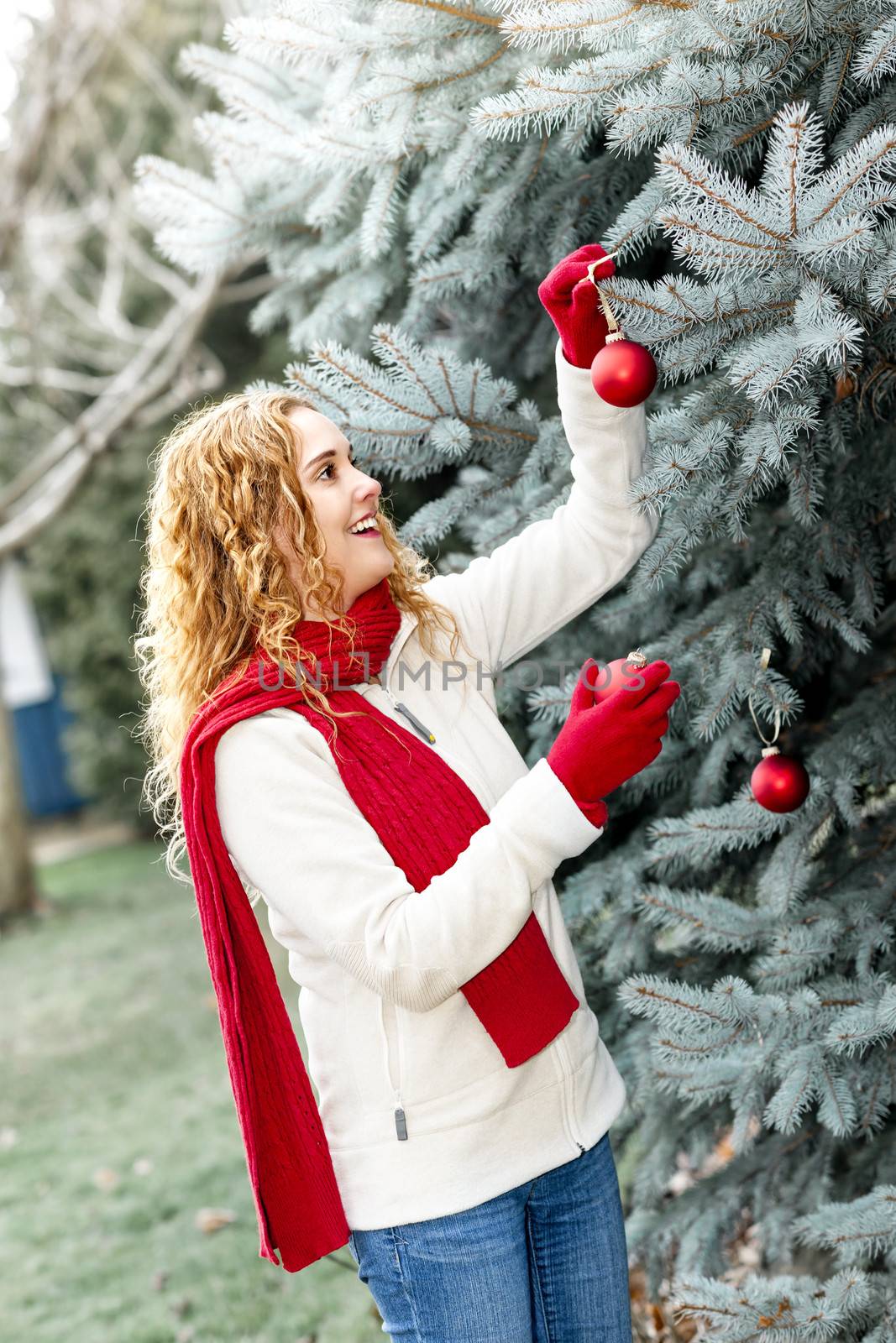 Portrait of smiling woman hanging Christmas ornaments on spruce tree outdoors in yard near home