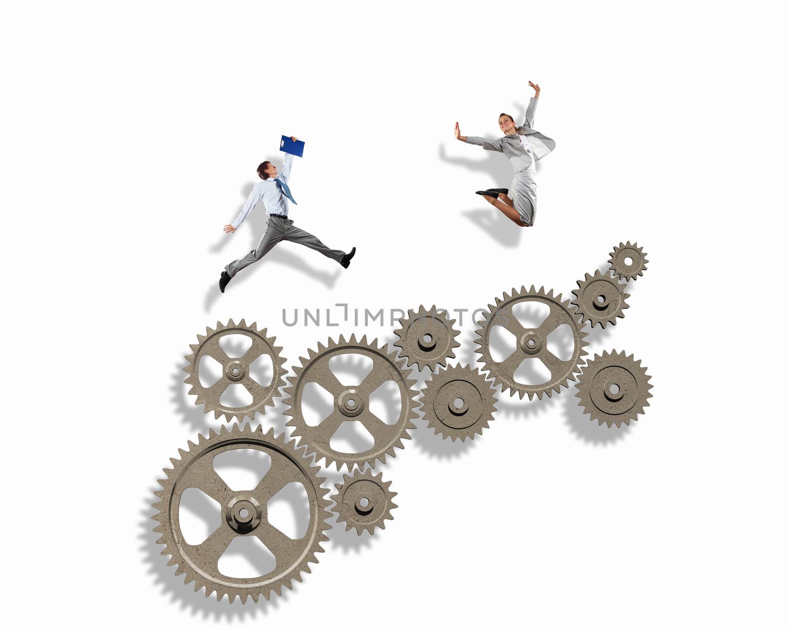 Businessman and businesswoman with cog wheel elements. Organization concept
