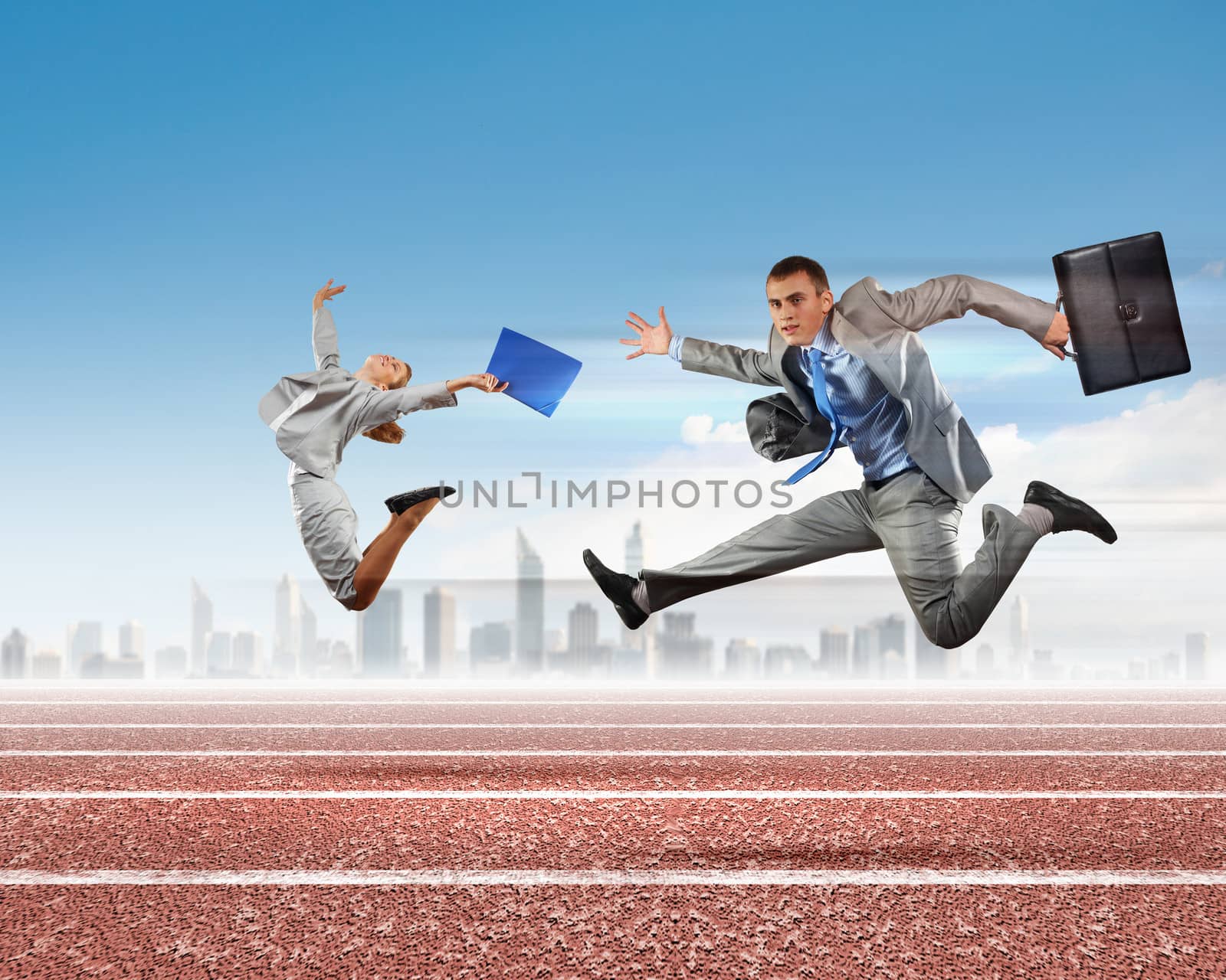 Image of business people running on tracks. Competition concept