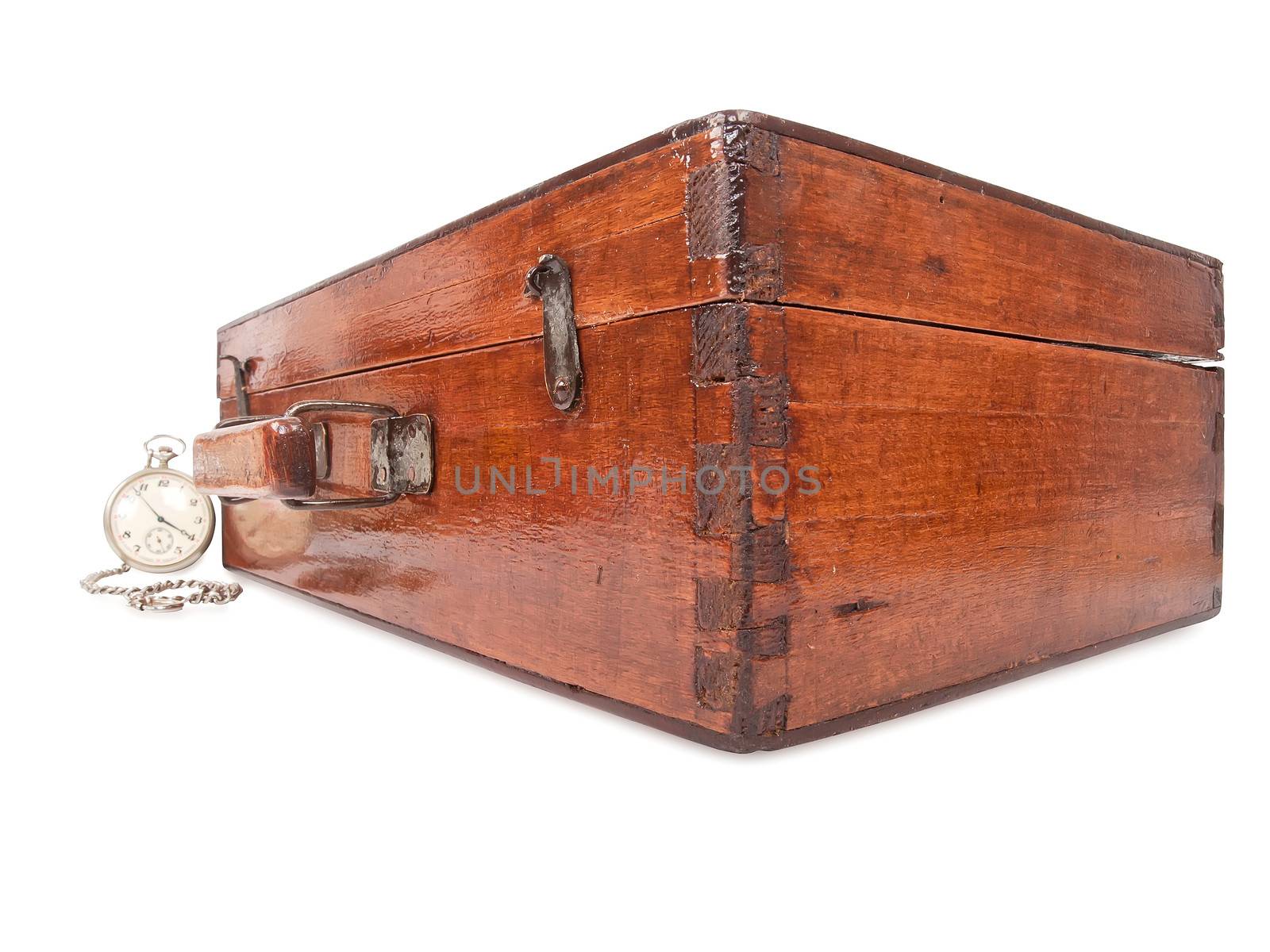 vintage wooden suitcase and pocket watch with chain