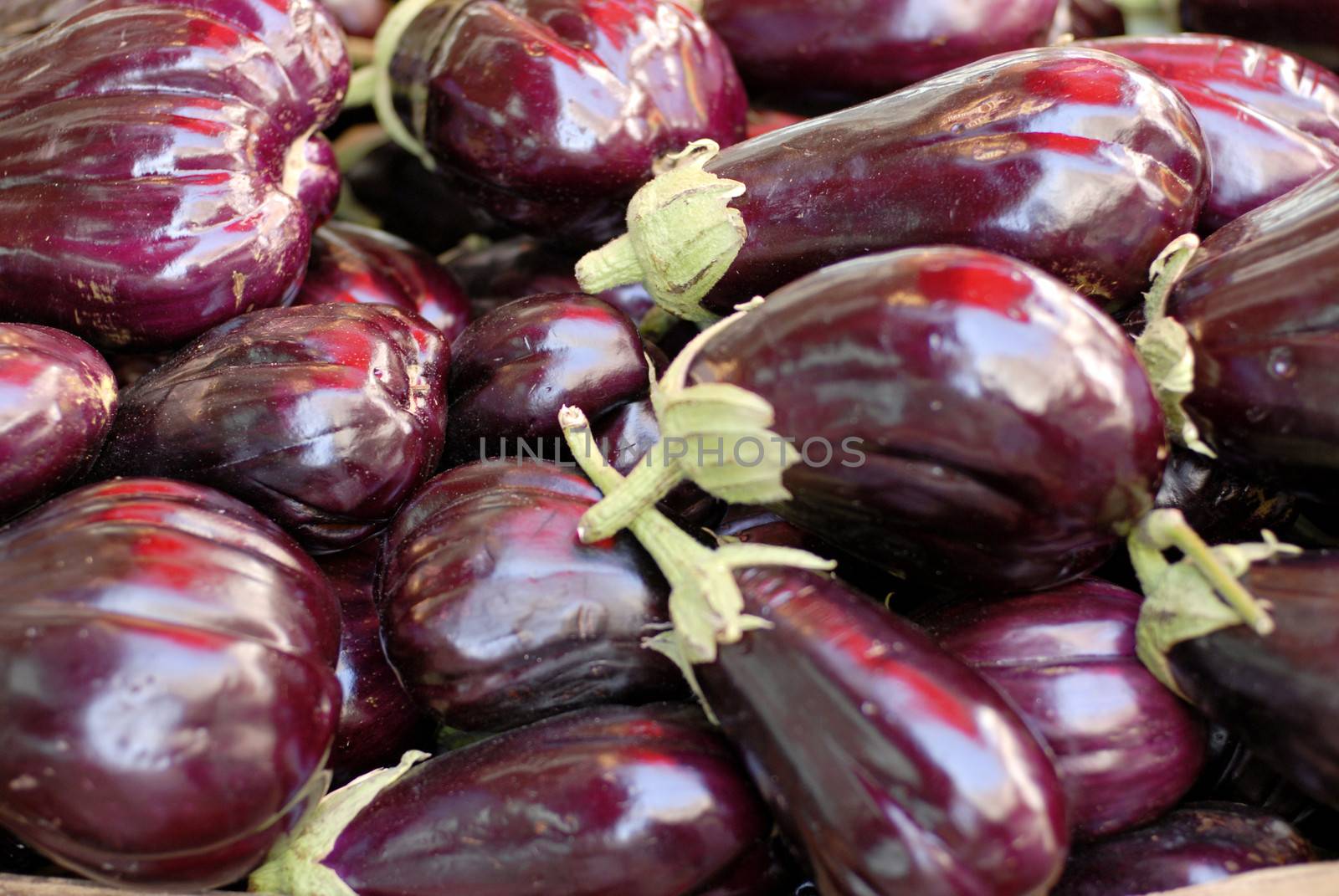Eggplants at a market stall by stockyimages