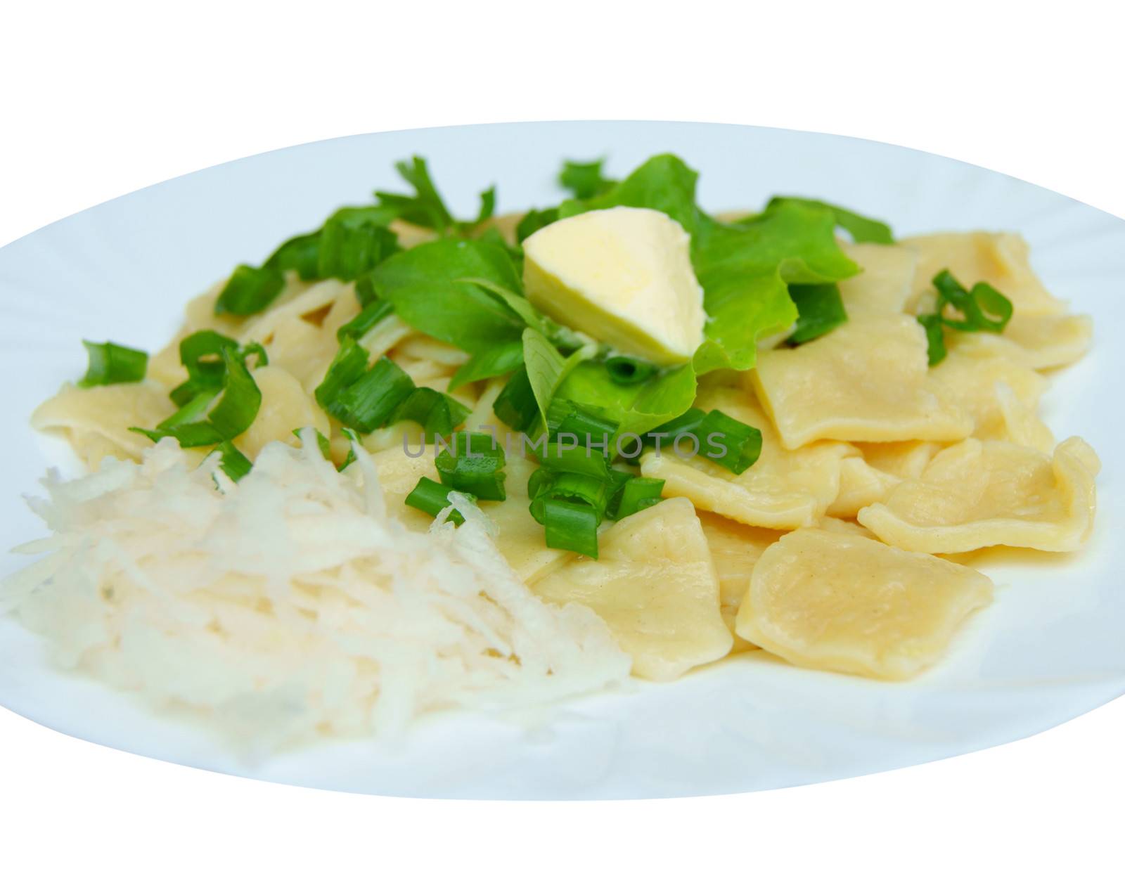 Dumplings with salad on plate on white background
