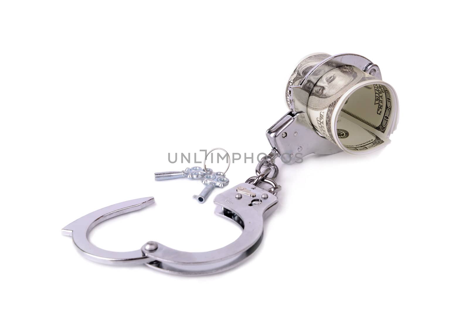 handcuffs around a roll of 100 dollar bills, concept of money tied up in something