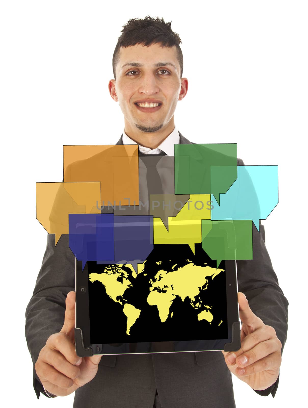 Young man holding tablet with online friends on world map