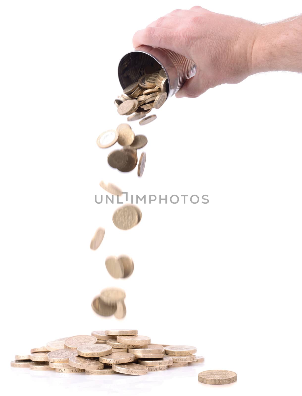 pouring coins out of a tin can islated on white