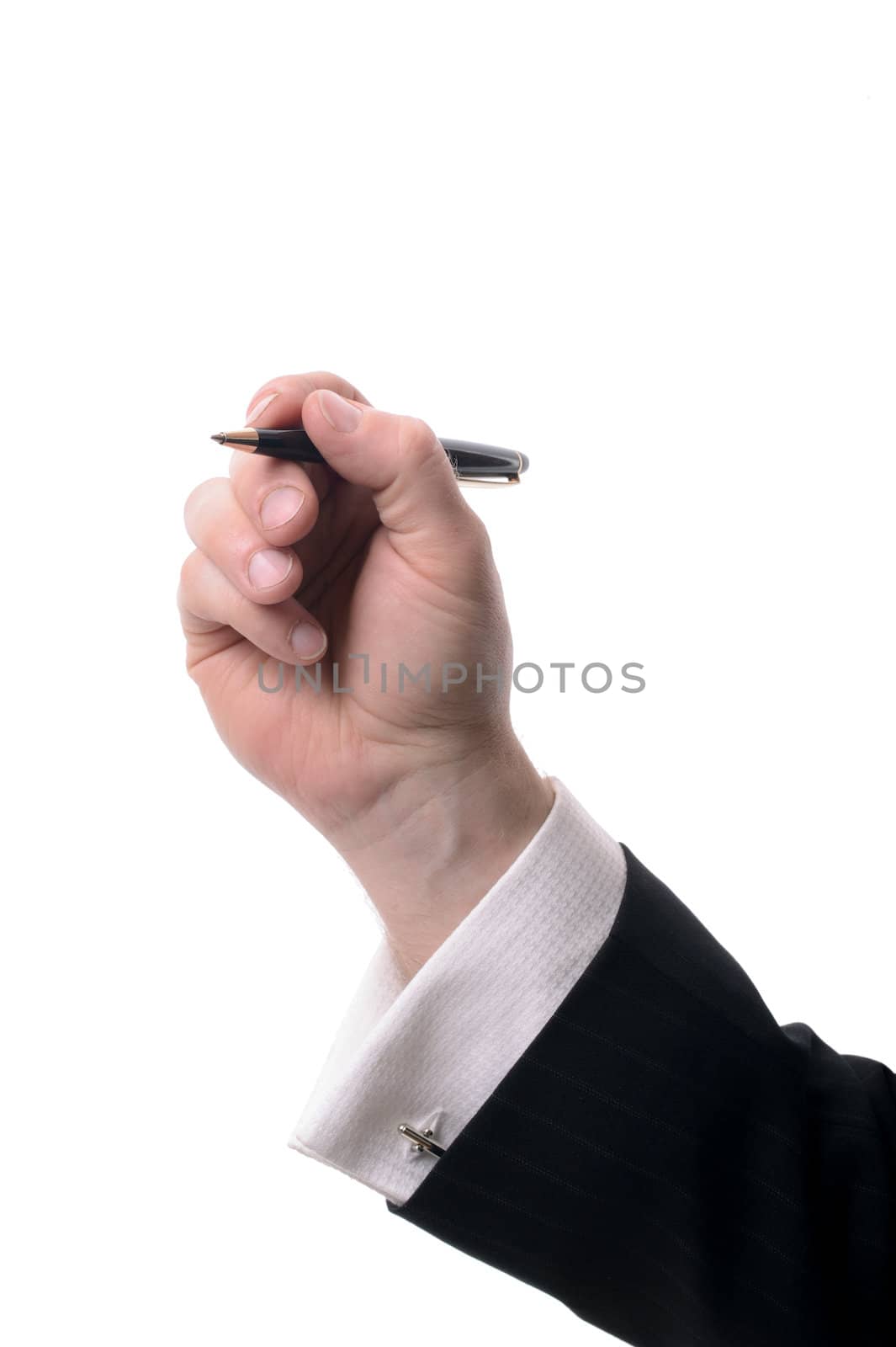 Man in suit holding pen up isolated on white background