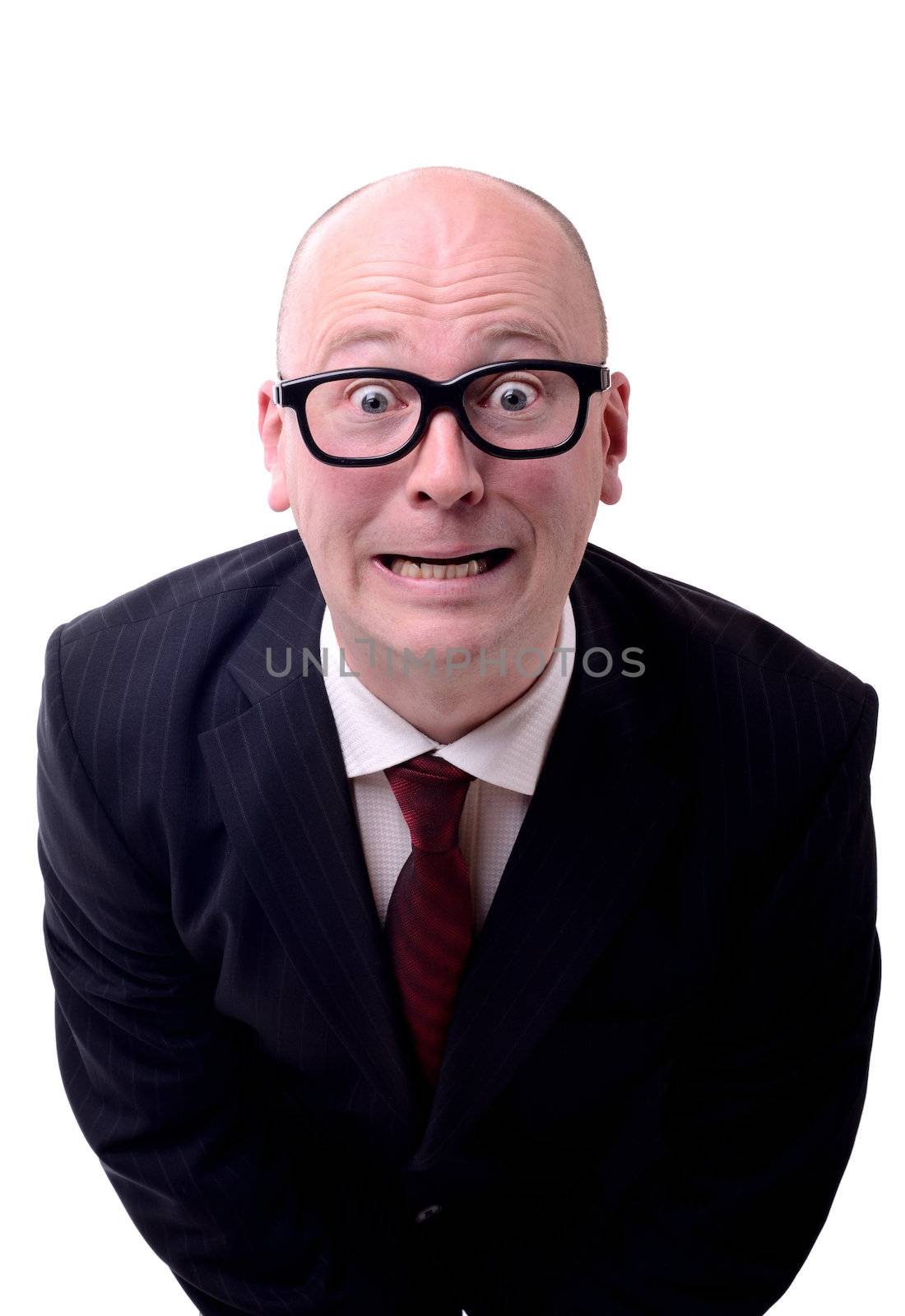 businessman with thick glasses made a mistake or kick in the balls