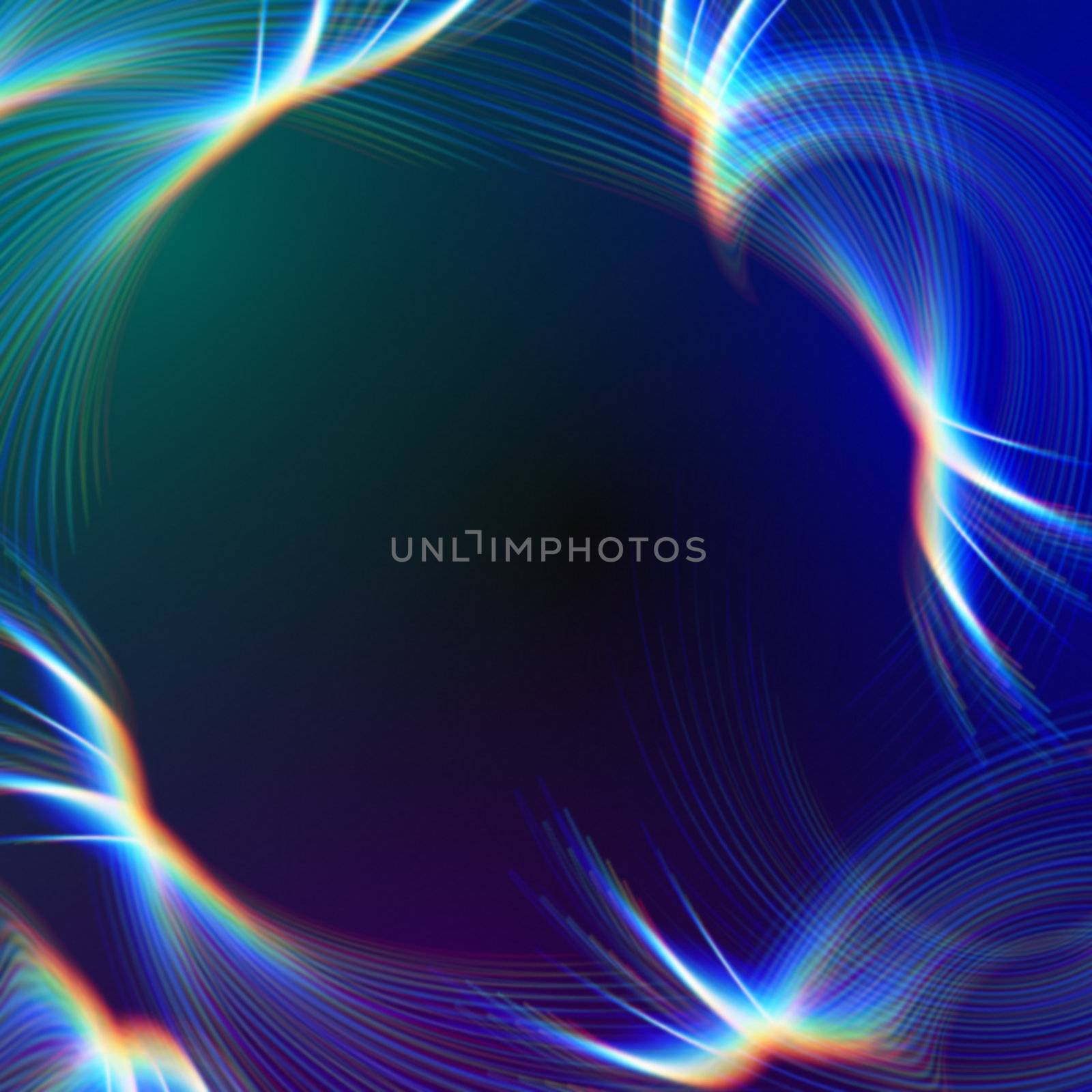 blue background with abstract rainbow rays lights like stars, lines and net