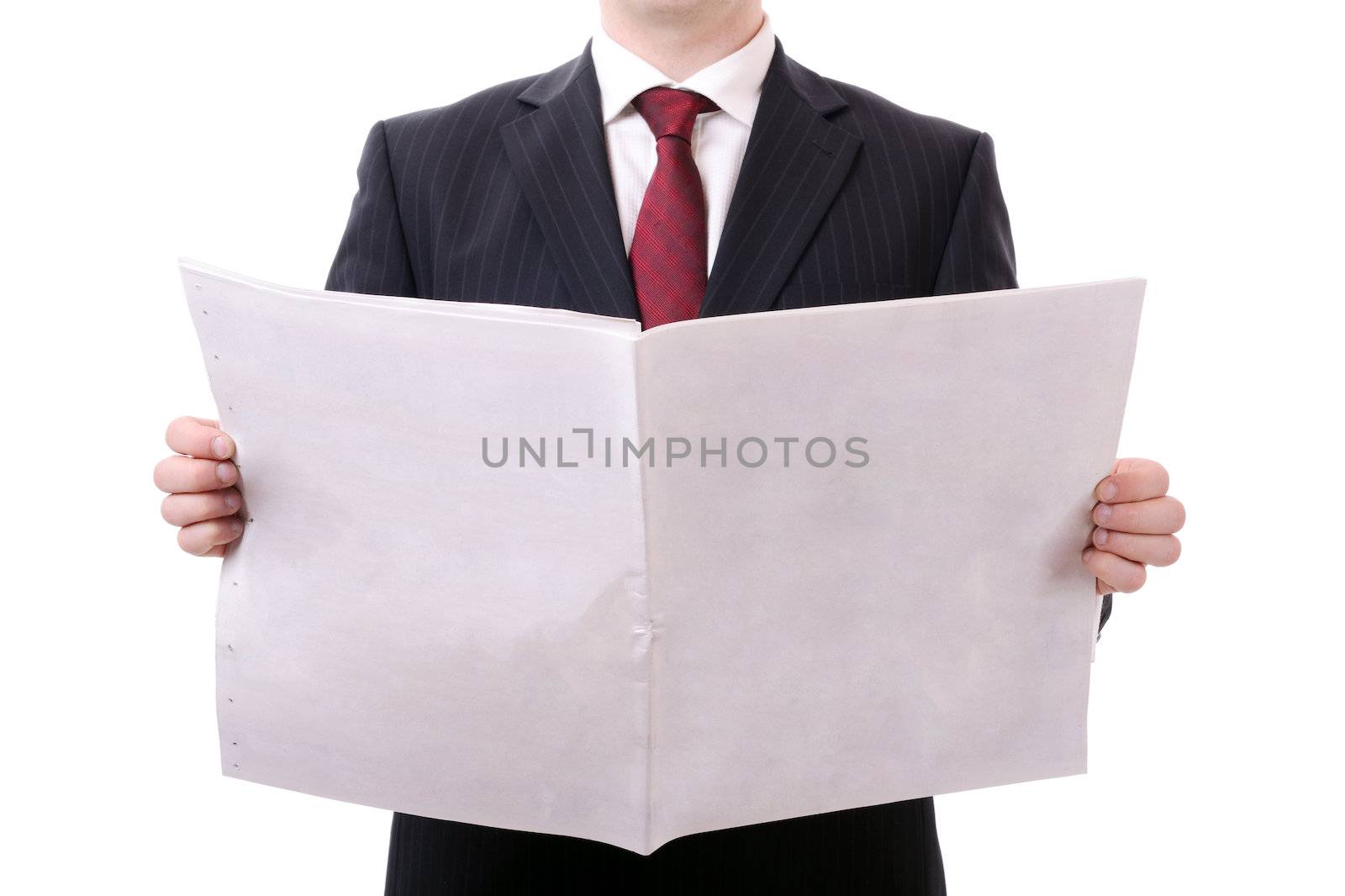 businessman holding a blank news paper isolated on white