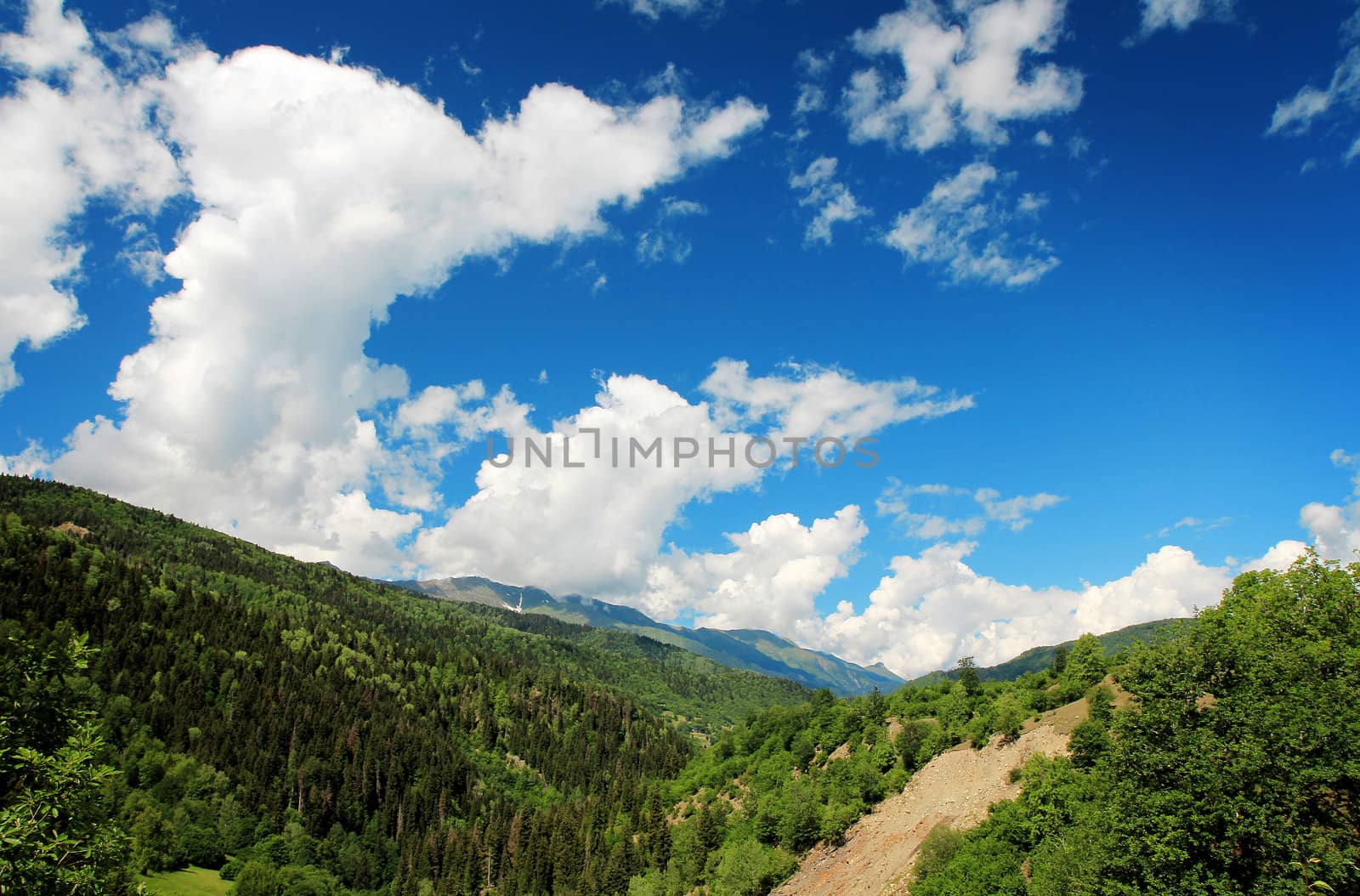 Blue cloudy sky and mountains and forest. Landscape.