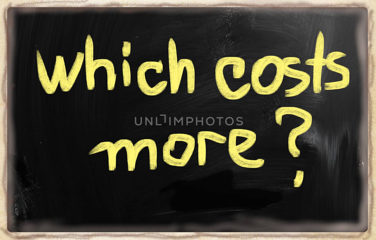 "Which costs more?" handwritten with chalk on a blackboard