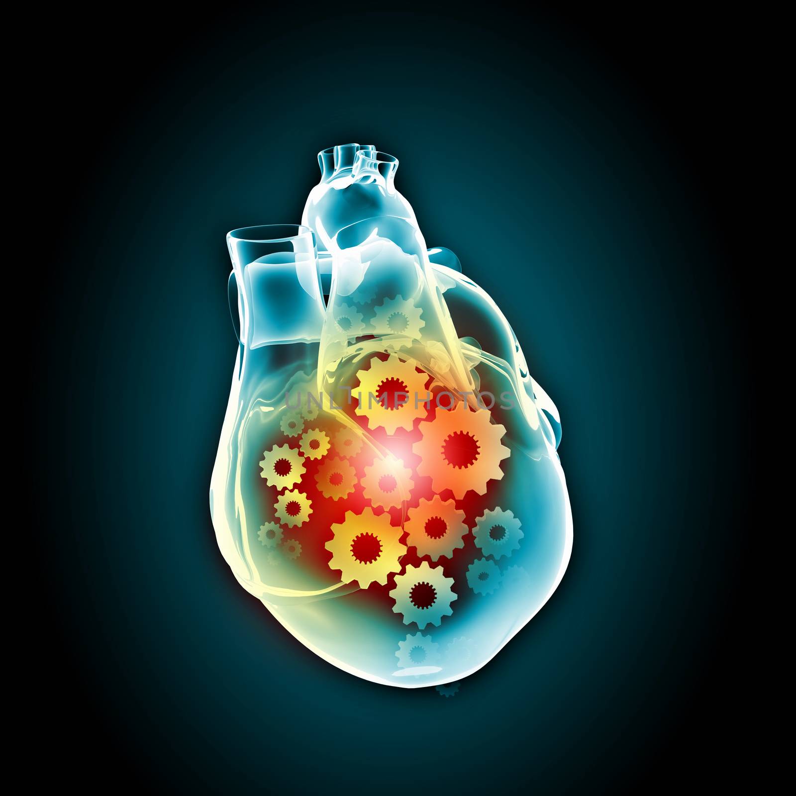 Human heart with cog and gear mechanisms against black background