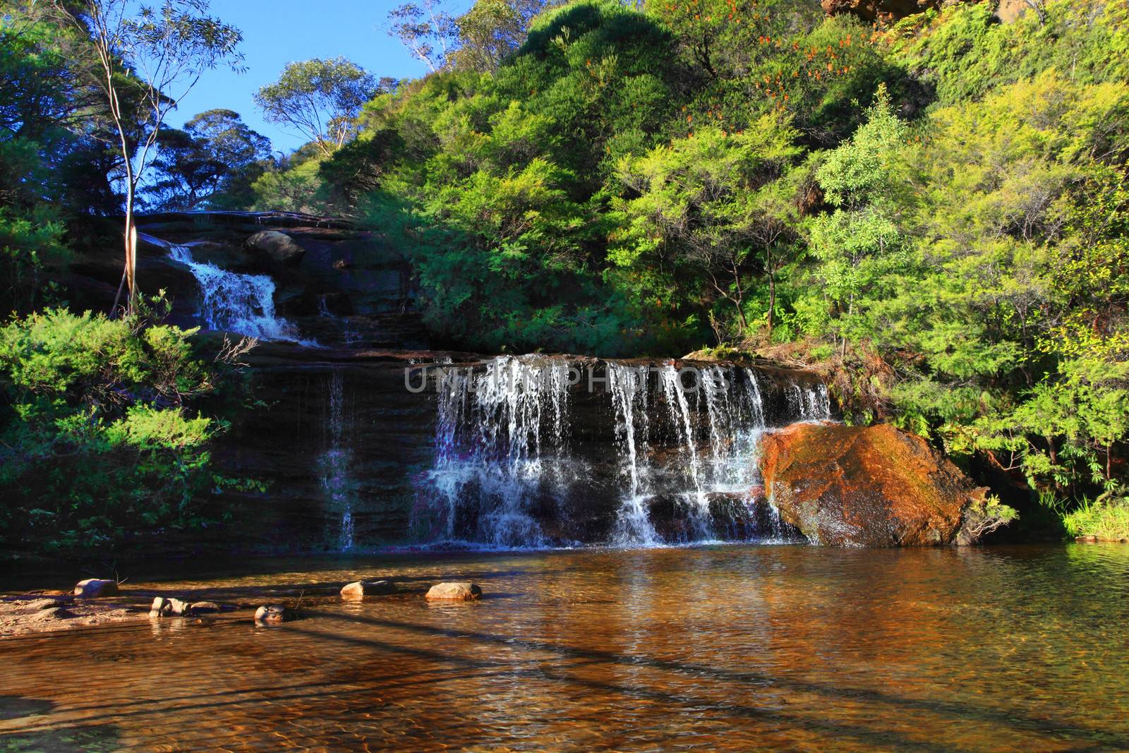 Just before the Jamison creek waters plunge over the sheer escarpment of the Blue Mountains, they fall in tiers known as Queens Cascades into a shallow sandy rockpool below, then flow over the sheer cliffs.