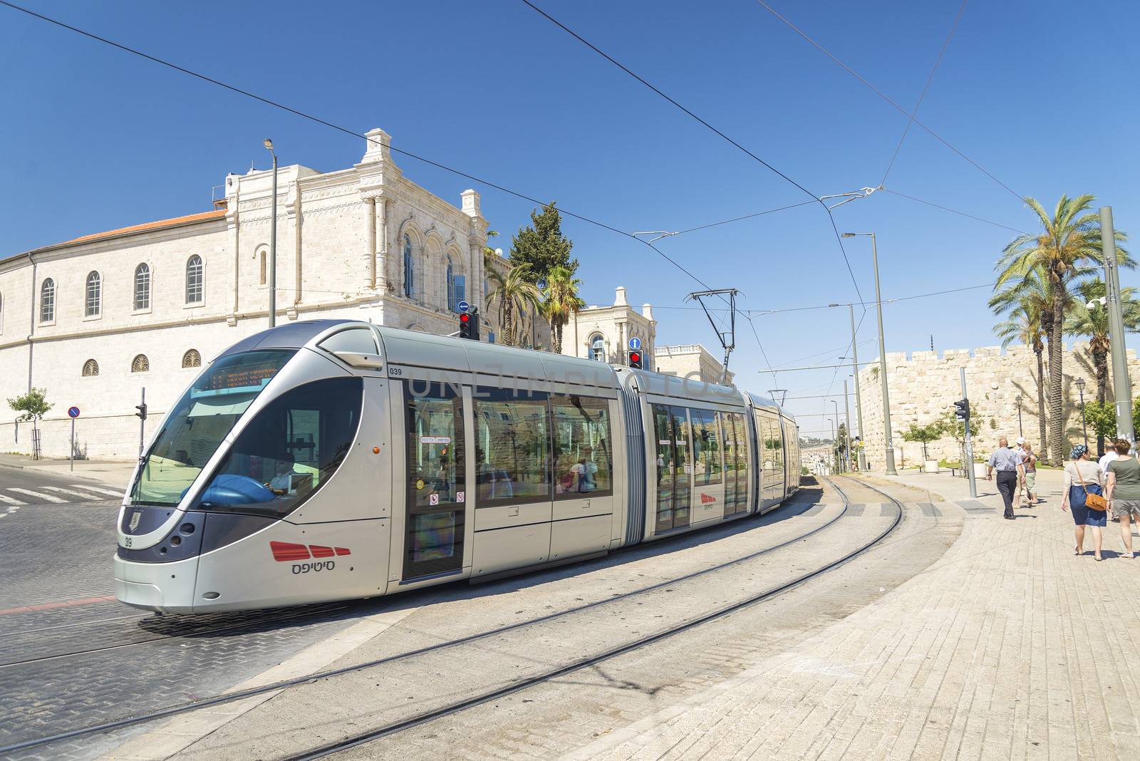 modern tram in central jerusalem in israel