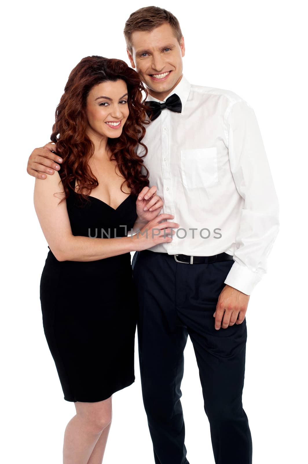 Charming young love couple hugging each other. All on white background