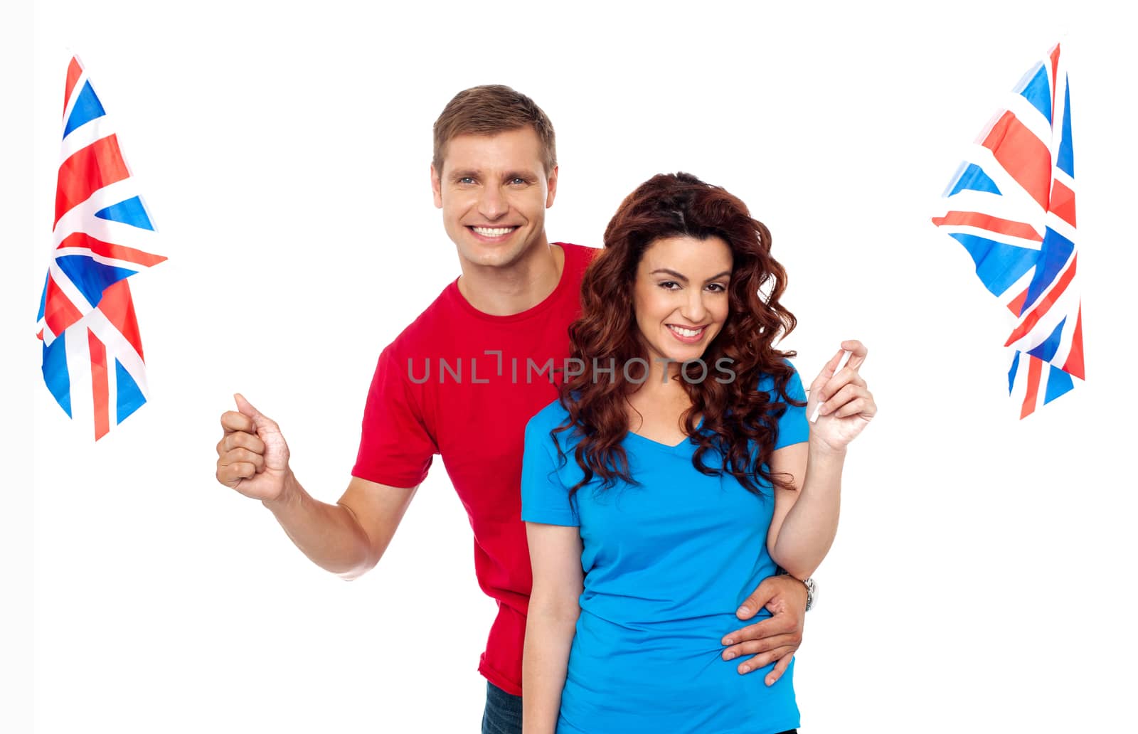 Young love couple embracing and holding national flag. All on white background
