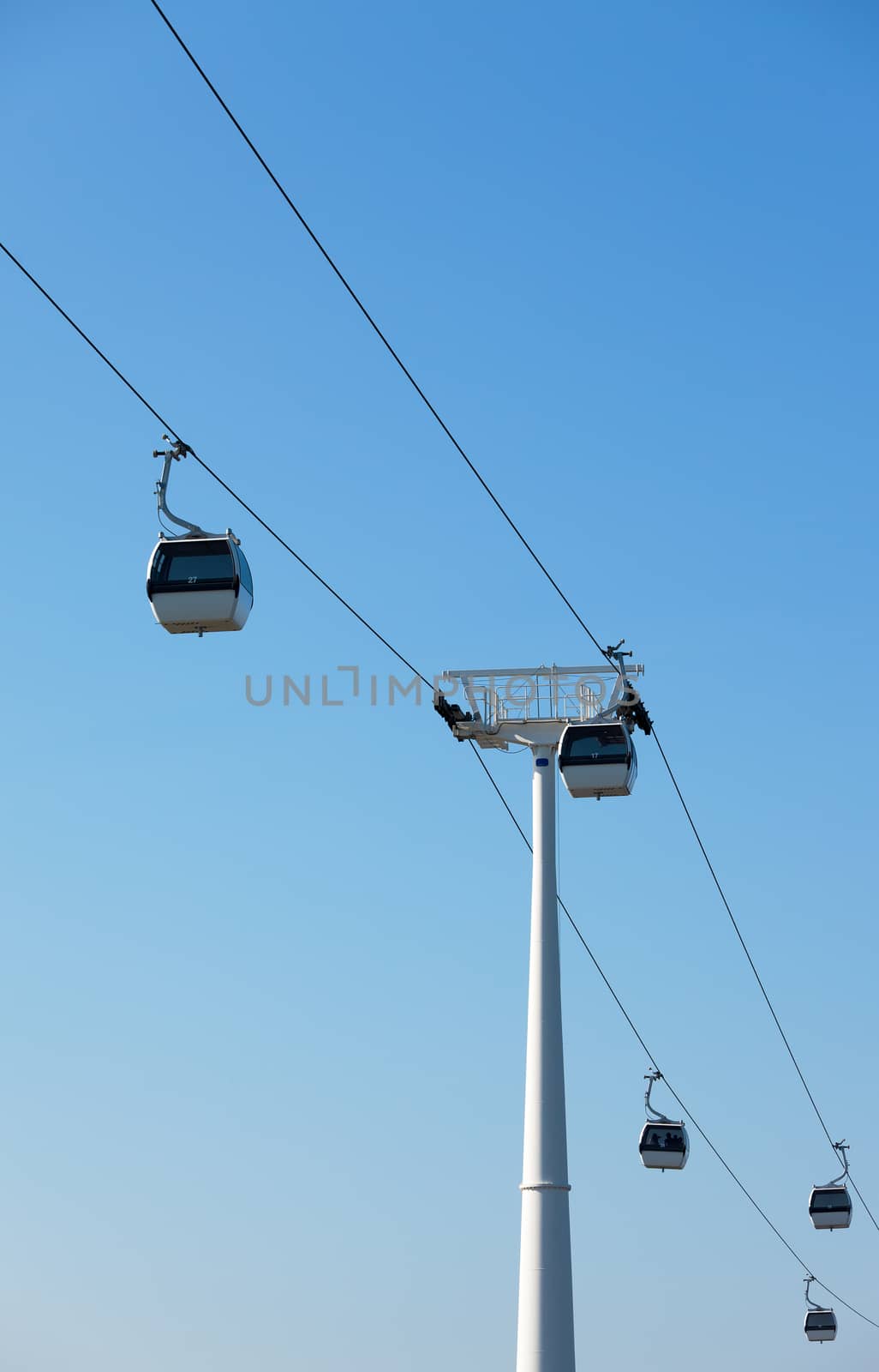 Cable car on blue sky background, in Expo district, Lisbon, Portugal