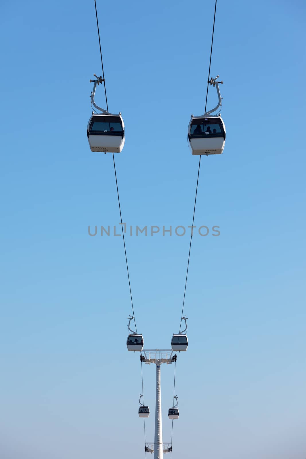 Cable car on blue sky background, in Expo district, Lisbon, Portugal