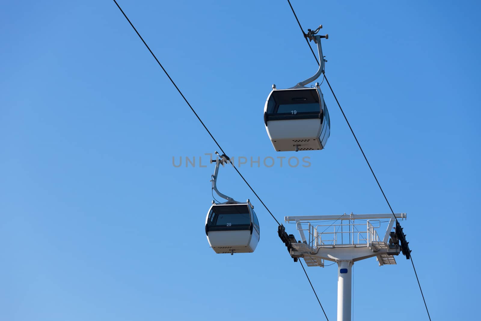 Cable car on blue sky background, in Expo district, Lisbon, Portugal