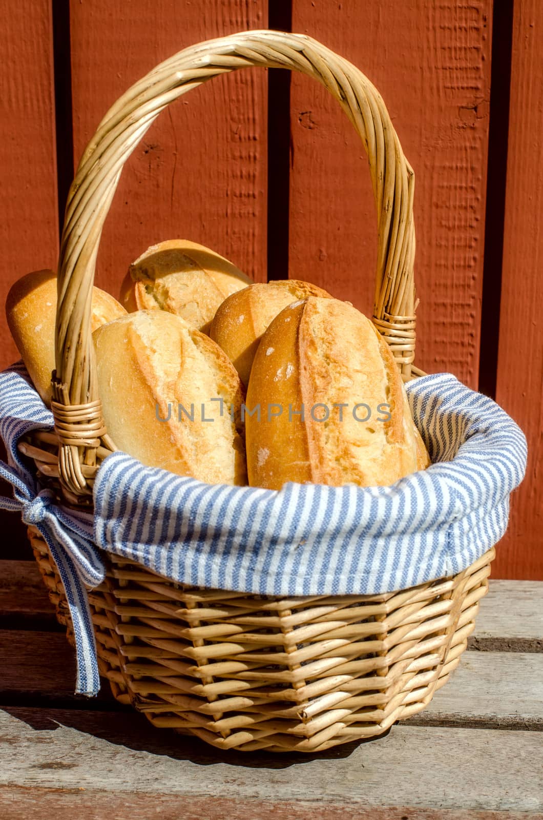 Crispy French baguettes in a basket. France.