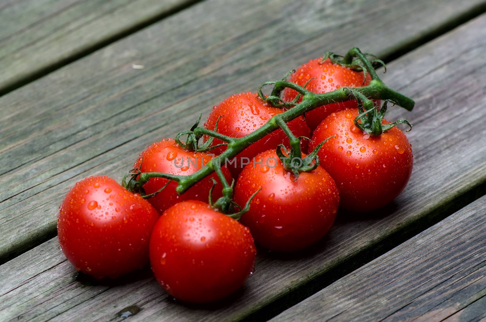 Fresh red tomatoes on a background of old boards