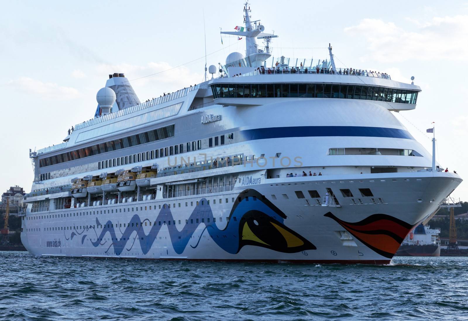 ODESSA, UKRAINE- JULY 22. Cruise ship Aida Aura came into the port of Odessa, Ukraine on July 22, 2013. Odessa is the cruise port of Ukraine.