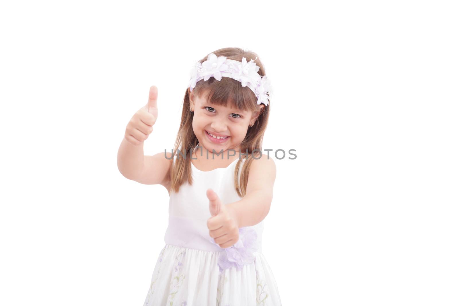 happy pretty girl with thumbs up on white background