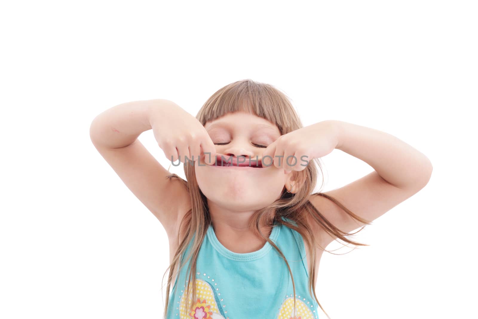 Little girl making funny face, isolated on white by dacasdo