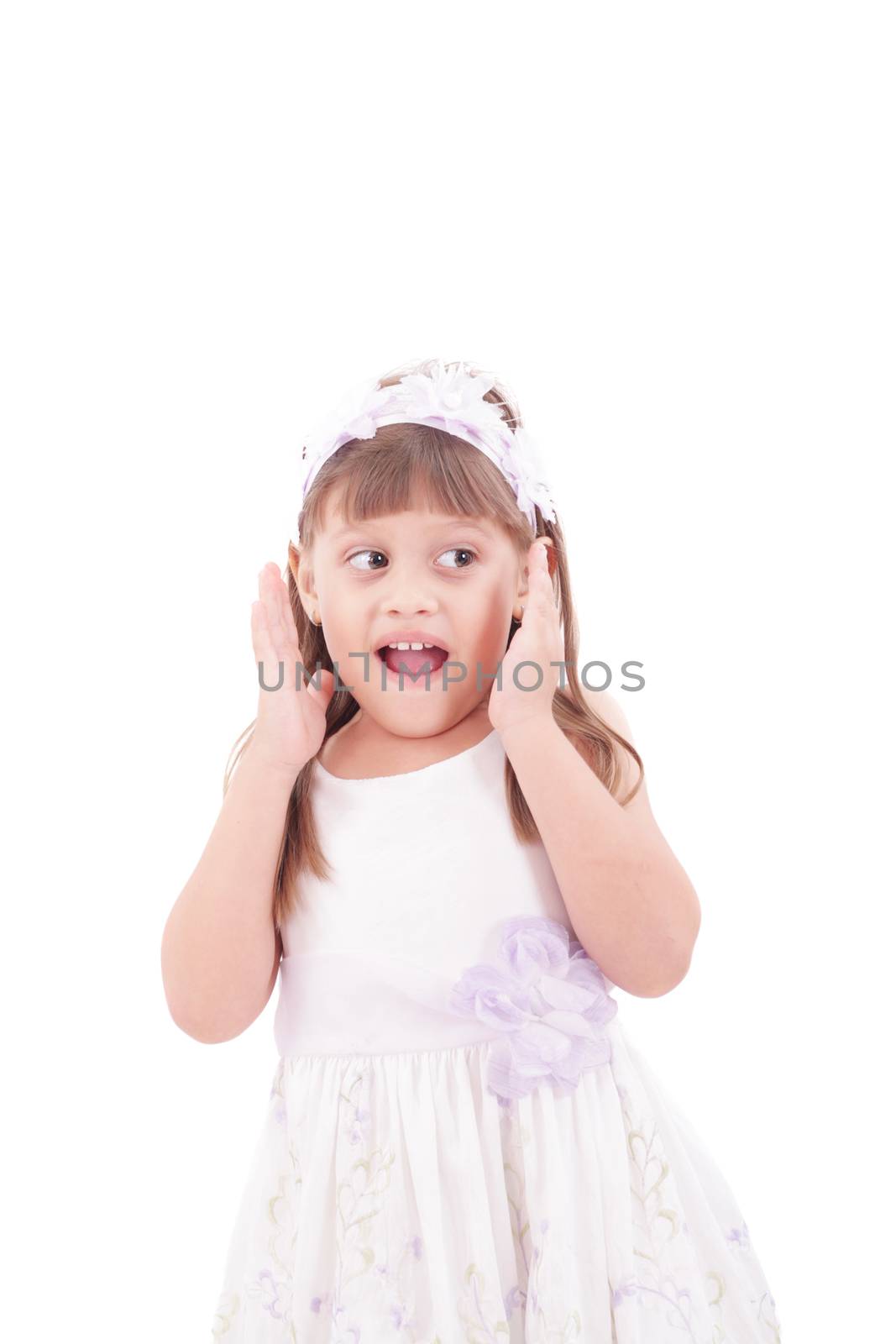 Portrait of emotionally kid. Funny little girl isolated on white by dacasdo