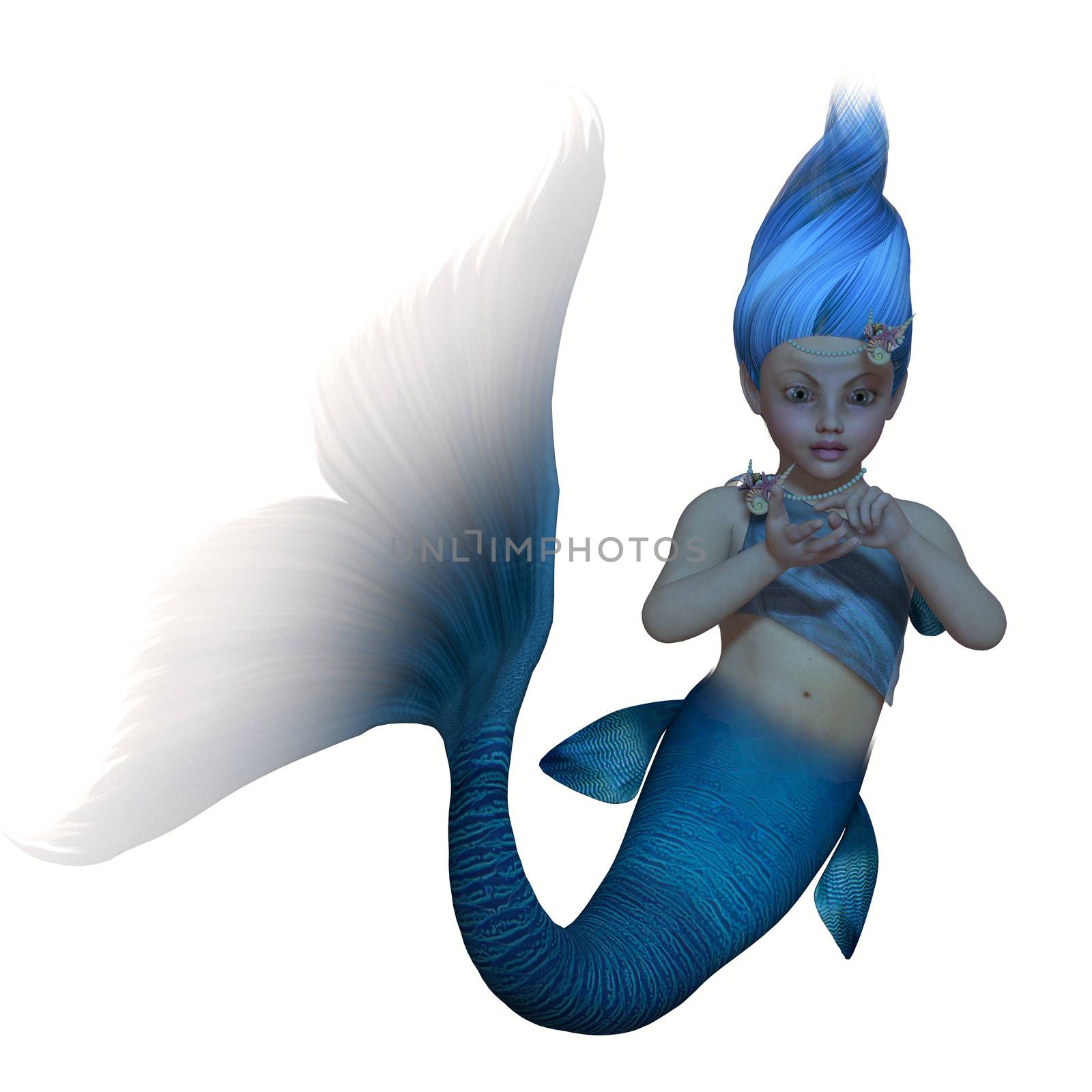 A magical legendary creature called a mermaid baby in the colors of a blue fish.