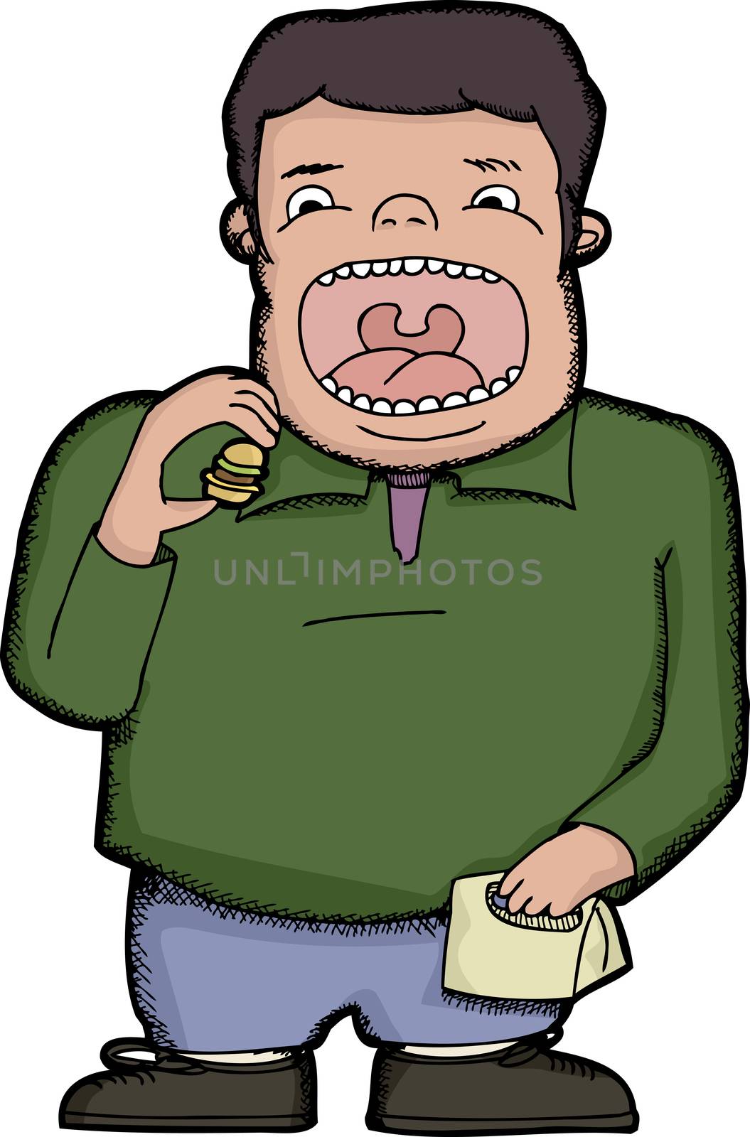 Man with big mouth eating one tiny hamburger