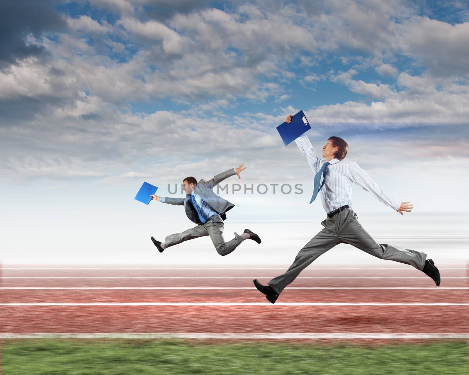 Image of business people running on tracks. Competition concept