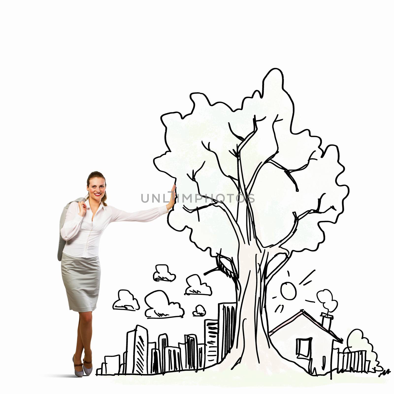 Image of businesswoman leaning on illustration. Construction concept