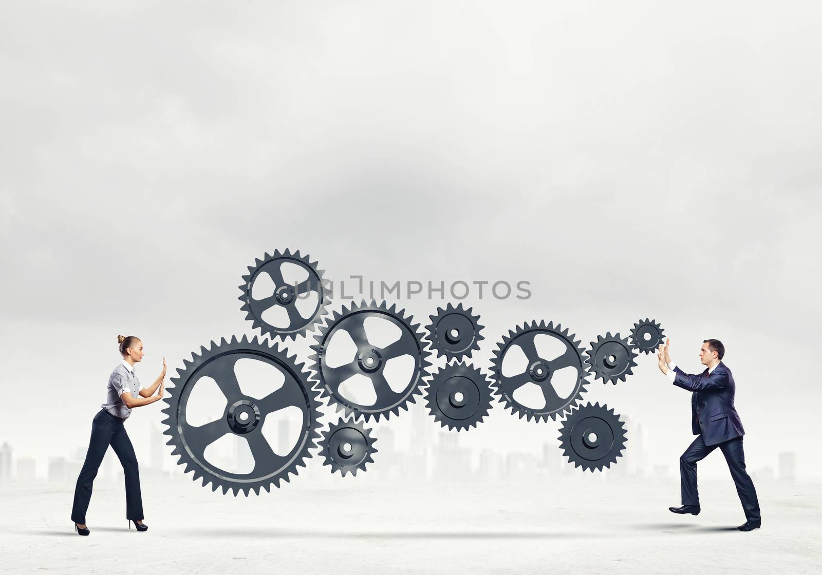 Businessman and businesswoman with cog wheel elements. Organization concept