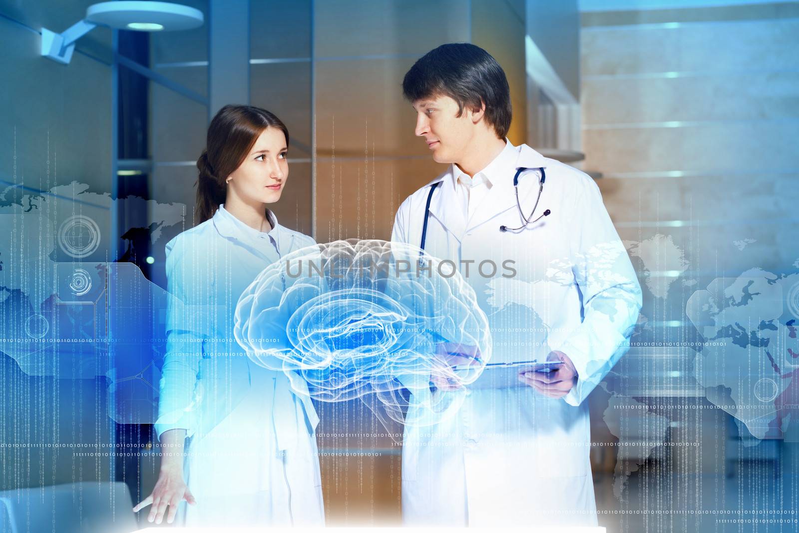 Image of two young doctors examining futuristic image of brain
