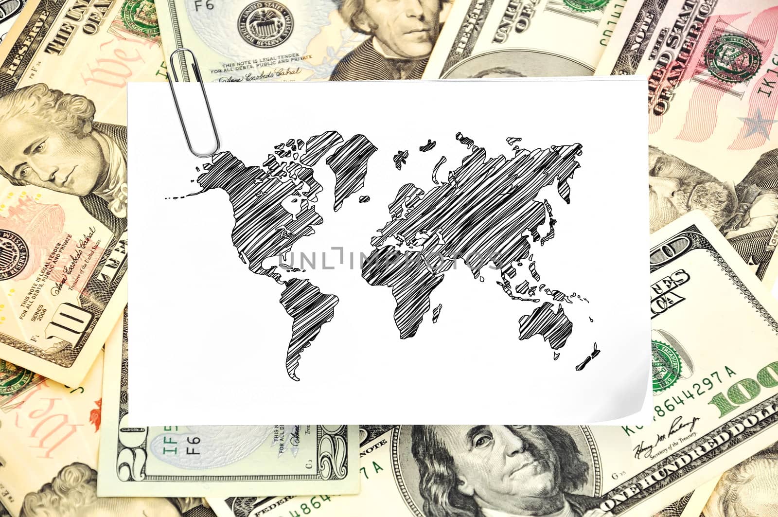 paper with map on background of dollars