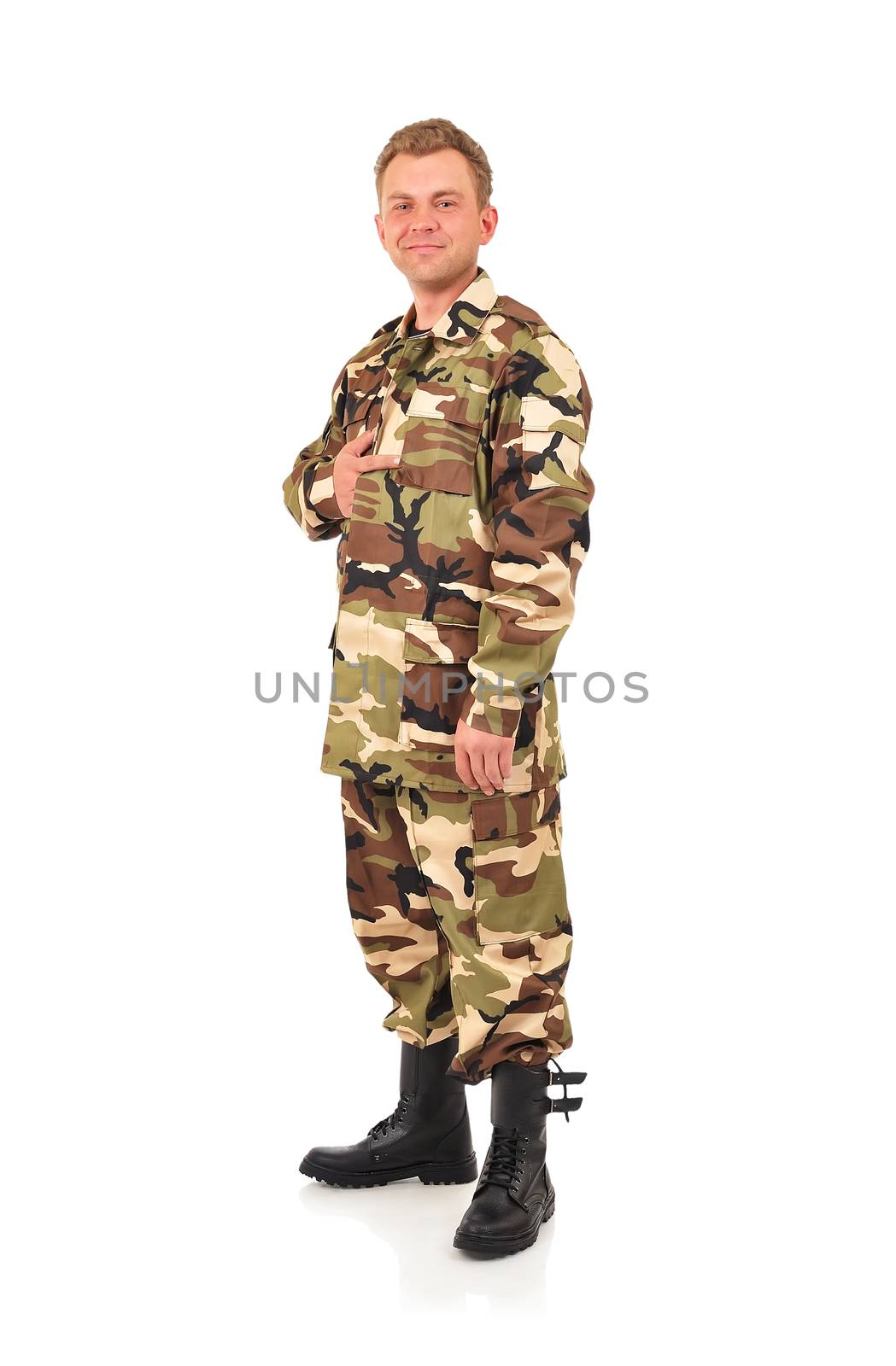 man in camouflage clothing on a white background