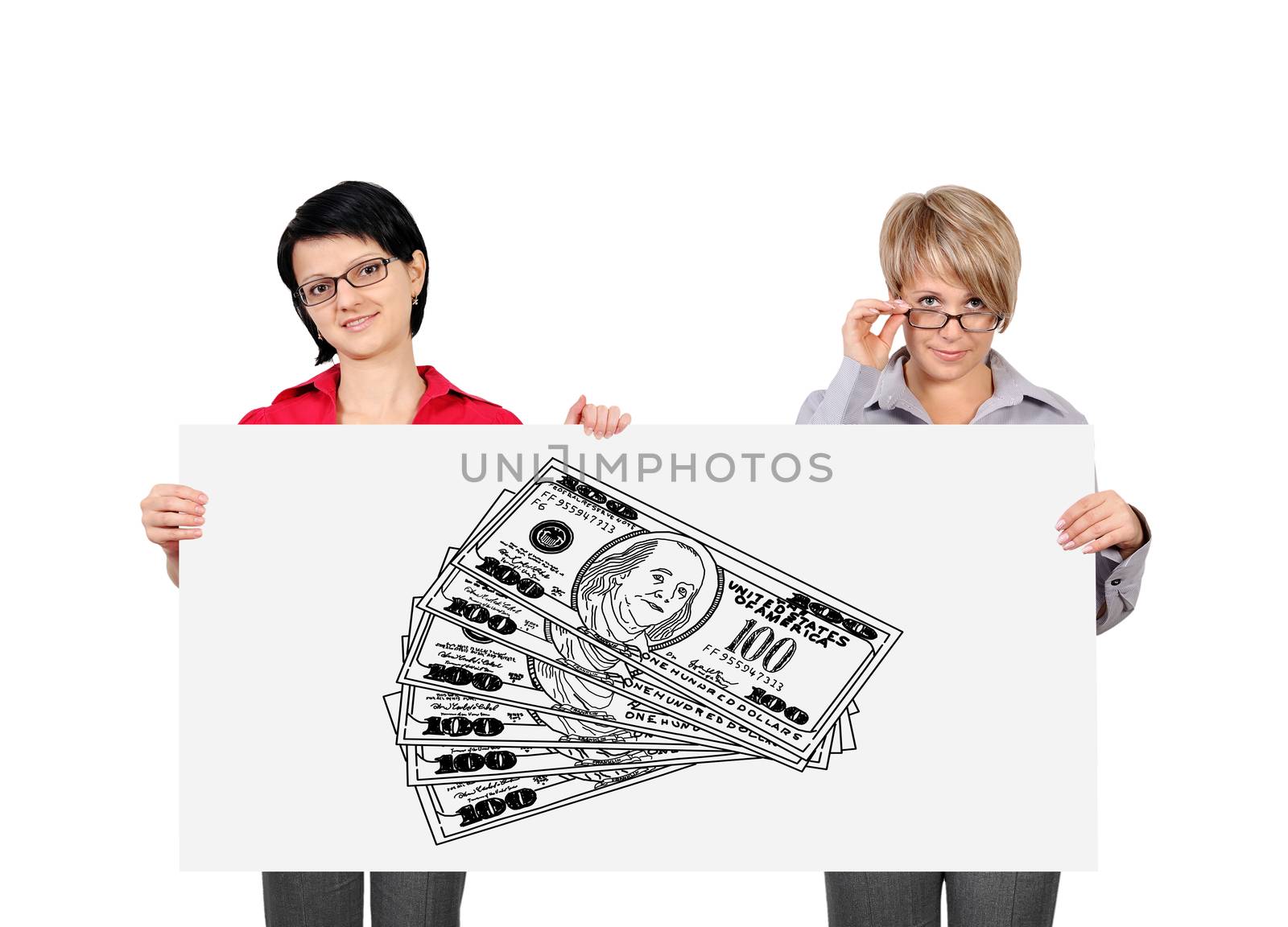 two woman holding poster with drawing dollars