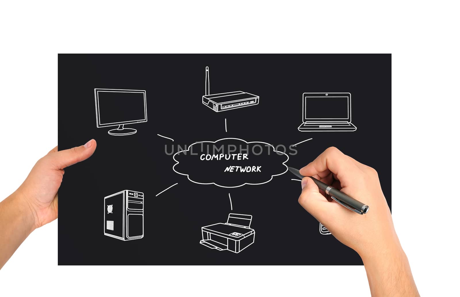 hand drawing computer network scheme on paper