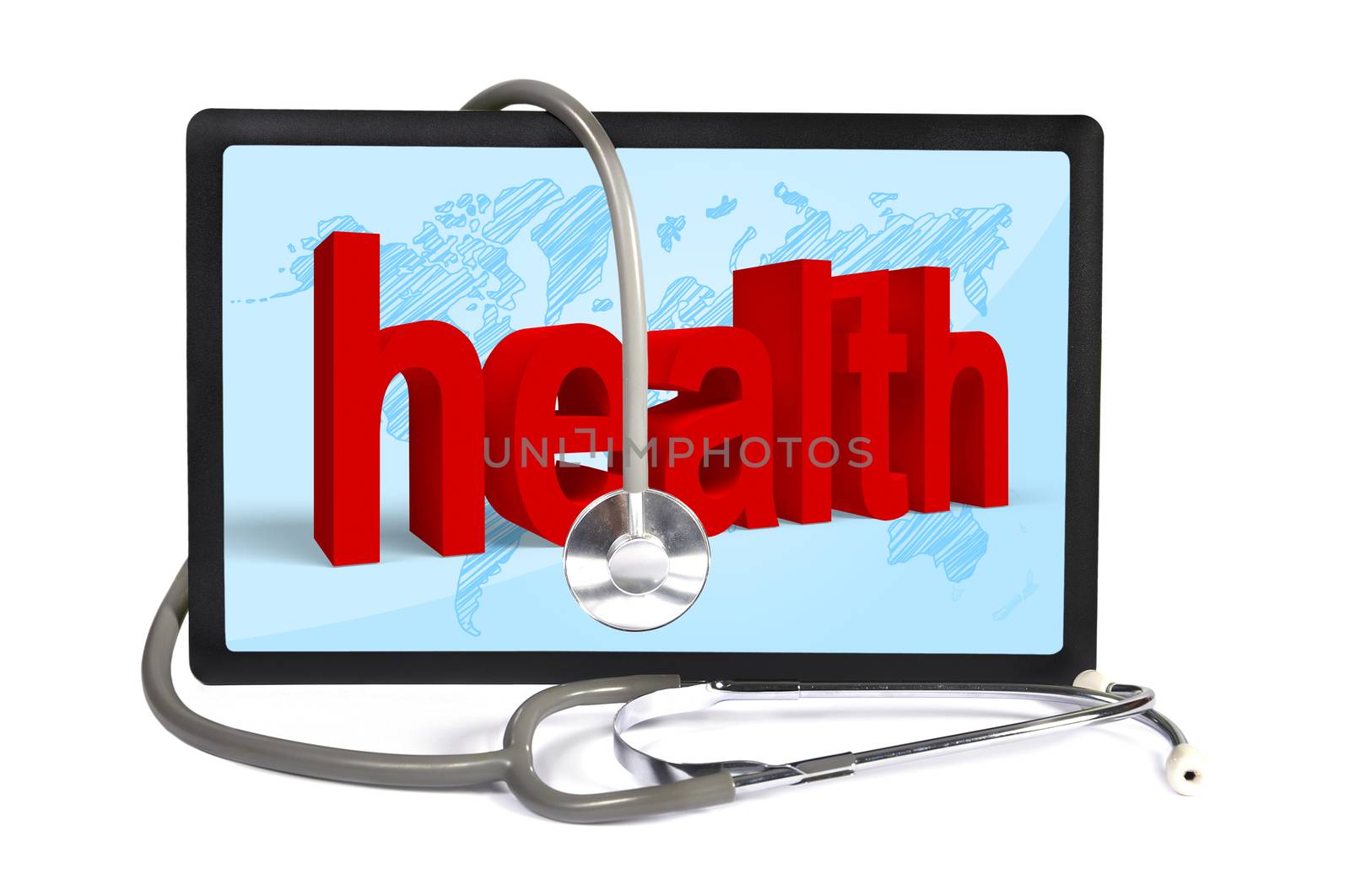 stethoscope and  touchpad on white background